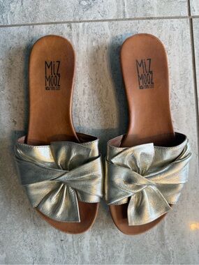 Miz Mooz Metallic Gold Knot Slide Sandals